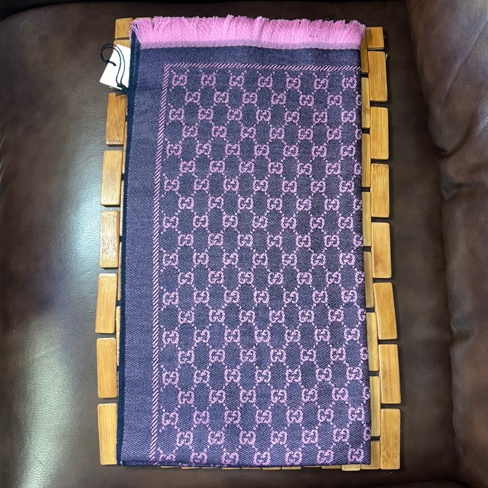 Gucci Double Jacquard Wool Scarf Navy Pink